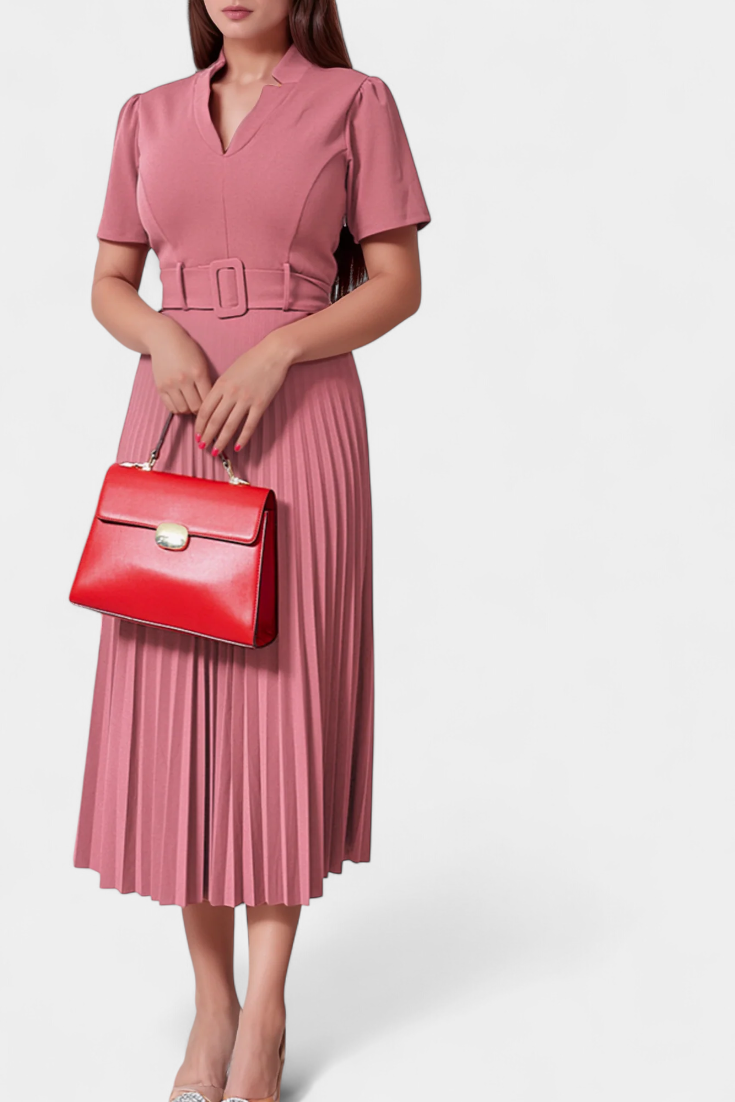 Seliora | Vestido Midi de Trabajo con Cinturón y Plisados