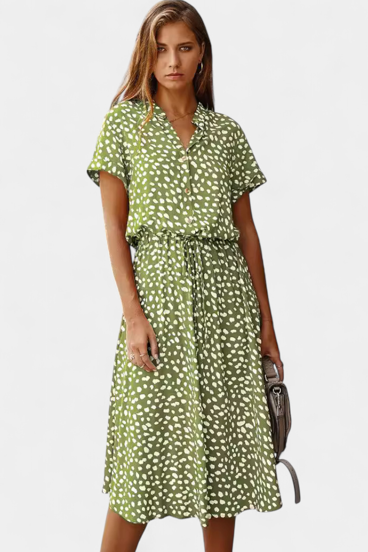 Rovena | Vestido Midi de Lunares con Cuello Camisero y Cintura Ajustable