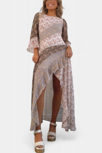 Ruth | Vestido Largo Floral con Mangas 3/4 y Paneles Volantes