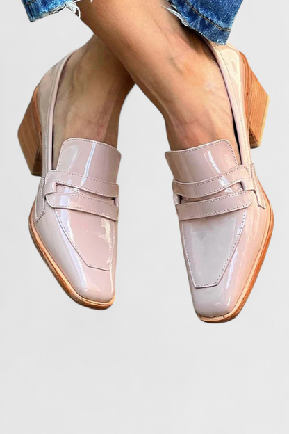 Sasha | Mocasines De Charol Rosa Con Punta Cuadrada Y Tacón Alto