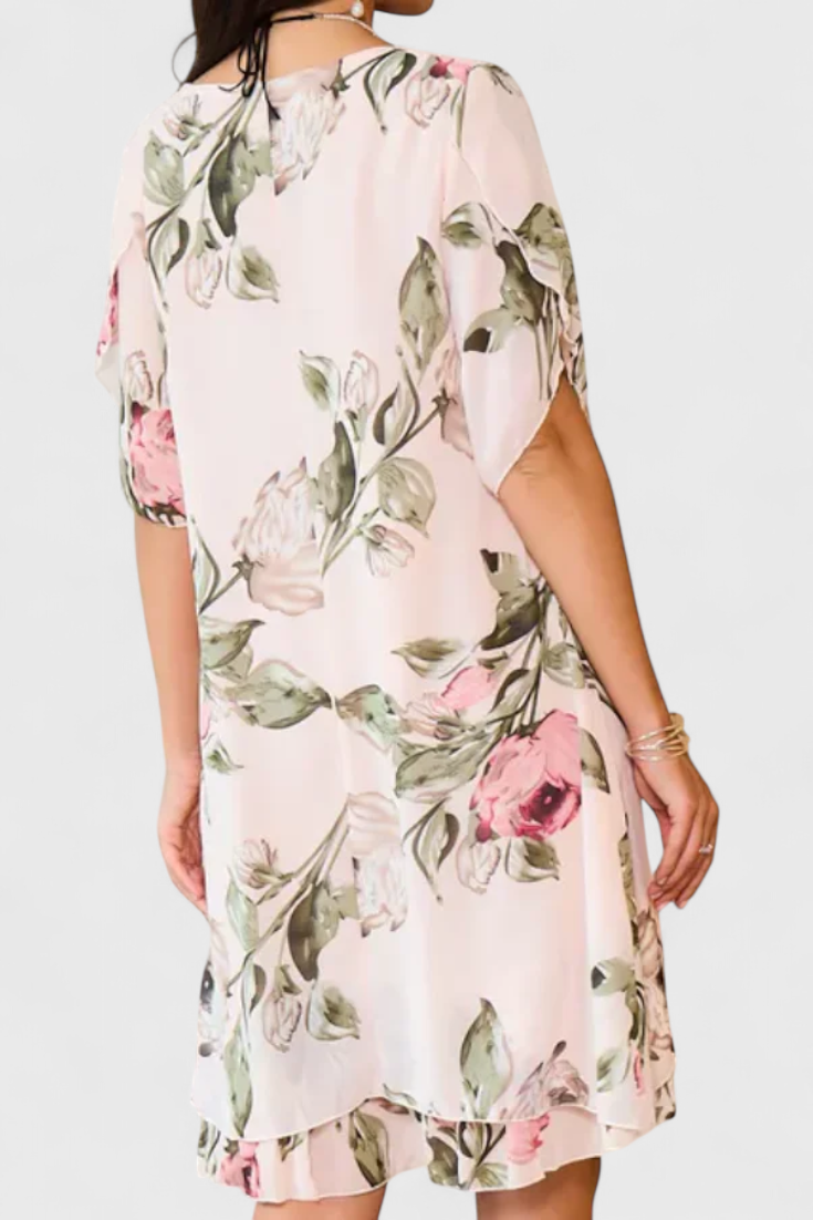 Tameka | Vestido de Gasa Fluida con Pétalos y Mangas Transparentes