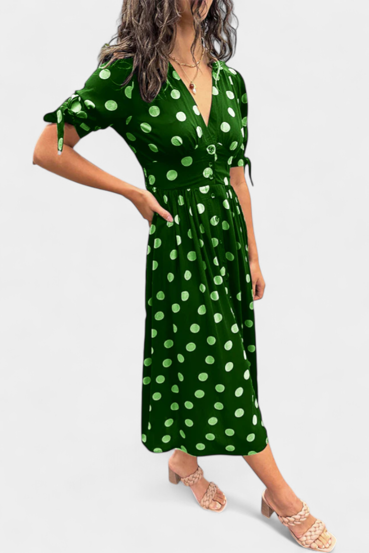 Lizzie | Vestido Midi de Lunares con Escote en V Profundo