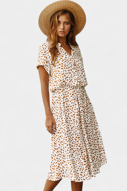 Rovena | Vestido Midi de Lunares con Cuello Camisero y Cintura Ajustable