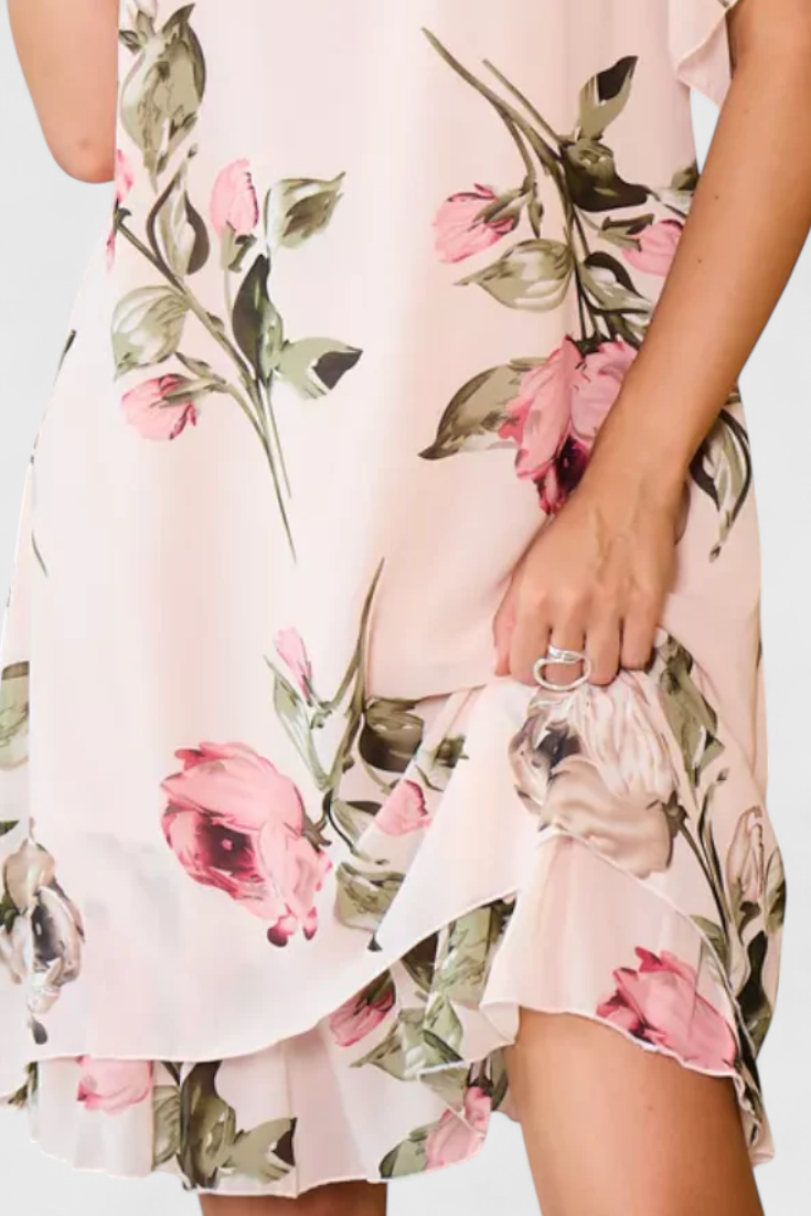 Tameka | Vestido de Gasa Fluida con Pétalos y Mangas Transparentes