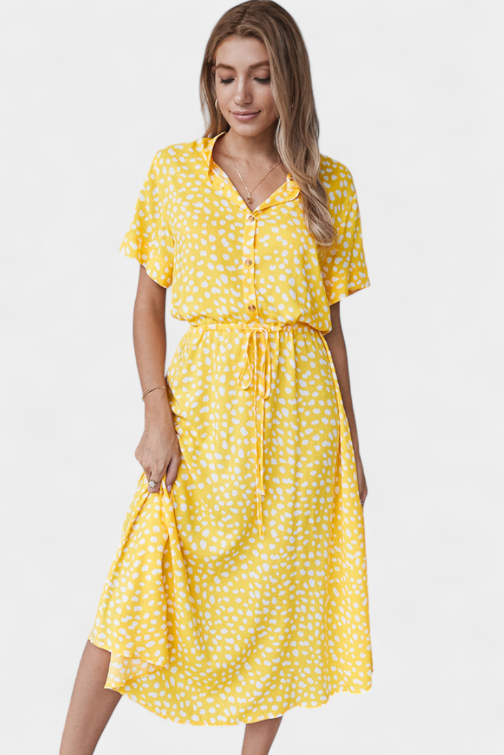 Rovena | Vestido Midi de Lunares con Cuello Camisero y Cintura Ajustable