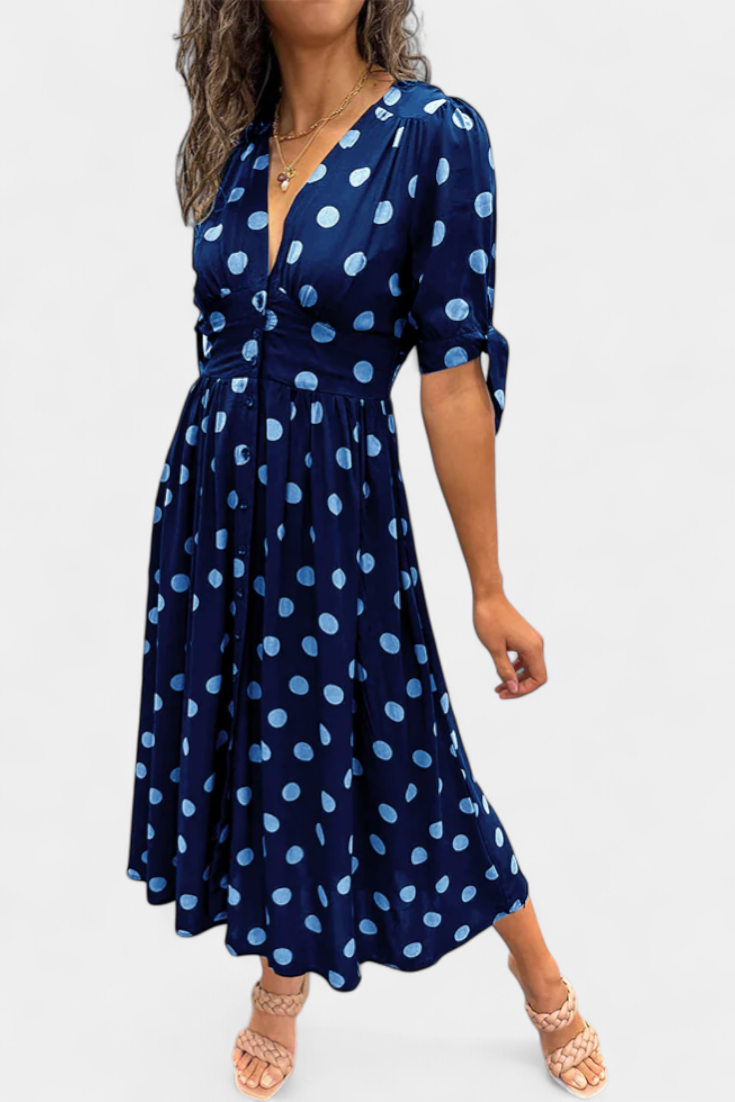 Lizzie | Vestido Midi de Lunares con Escote en V Profundo