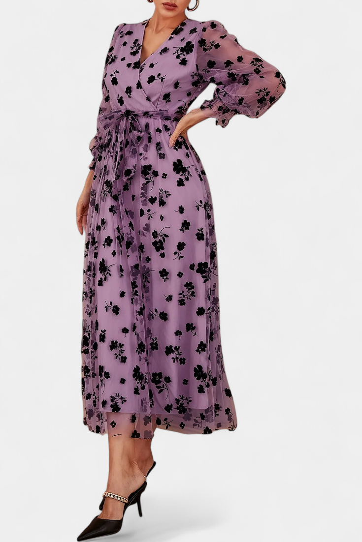 Iolanda | Vestido Maxi de Encaje Floral con Mangas de Linterna