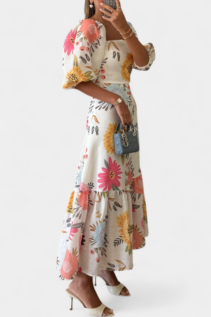 Kacey | Vestido Midi de Algodón con Estampado Floral y Manga Abullonada