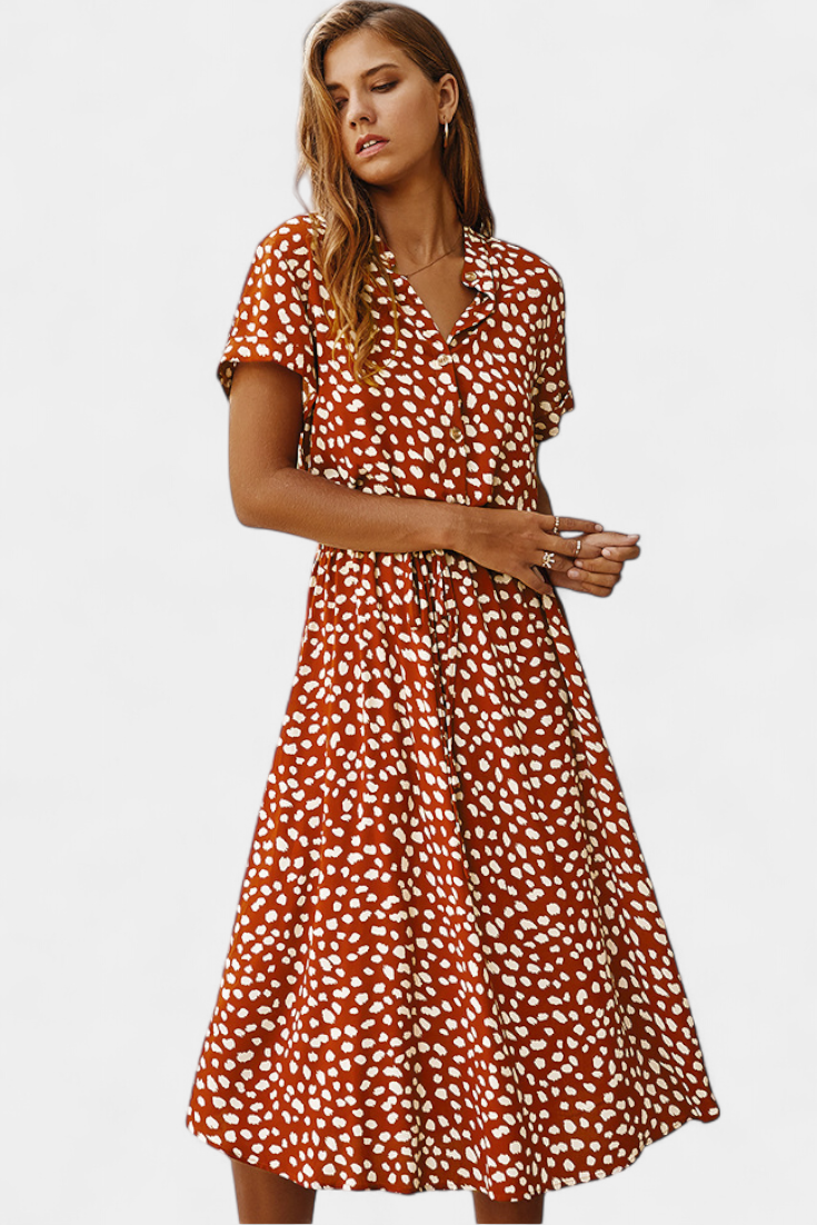 Rovena | Vestido Midi de Lunares con Cuello Camisero y Cintura Ajustable