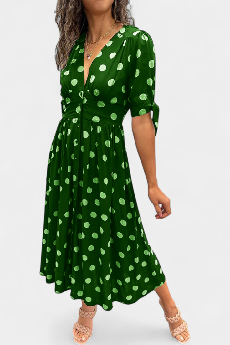 Lizzie | Vestido Midi de Lunares con Escote en V Profundo