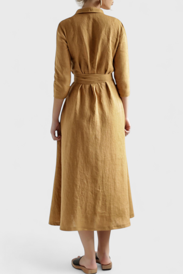 Sharon | Vestido Midi Vintage de Algodón y Lino con Cuello de Solapa