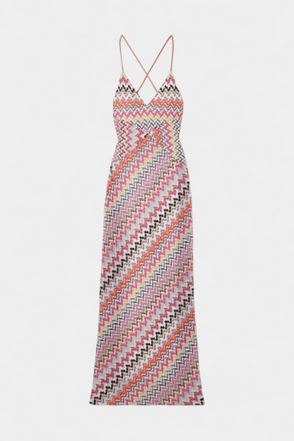 Juanita | Vestido Largo de Punto Multicolor con Escote Profundo y Espalda Cruzada