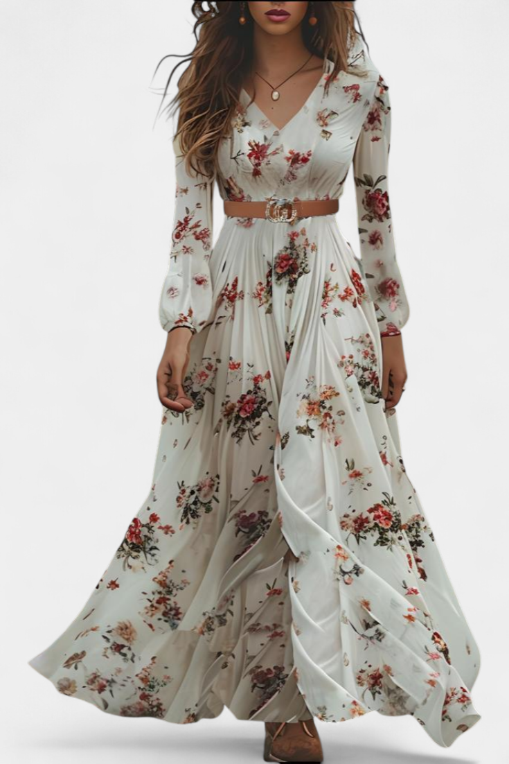 Amanda | Vestido Maxi Floral con Cuello en V y Mangas Largas