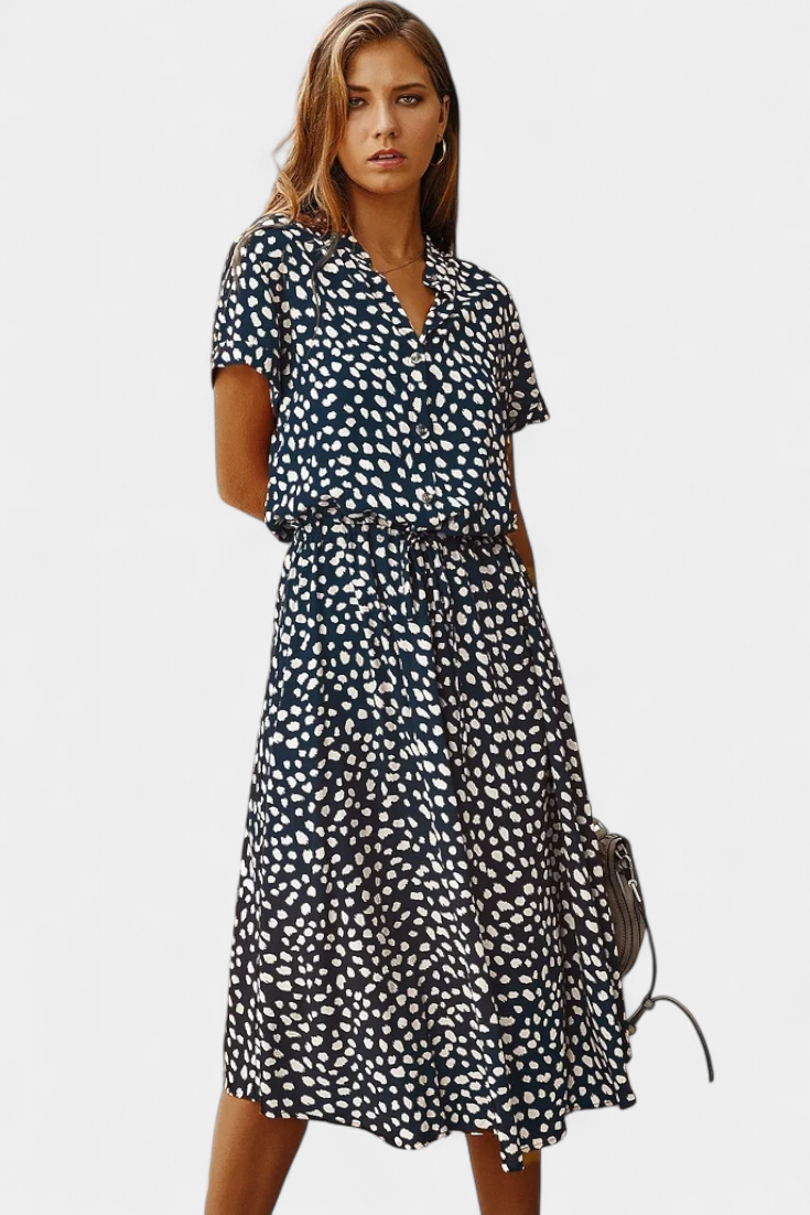 Rovena | Vestido Midi de Lunares con Cuello Camisero y Cintura Ajustable