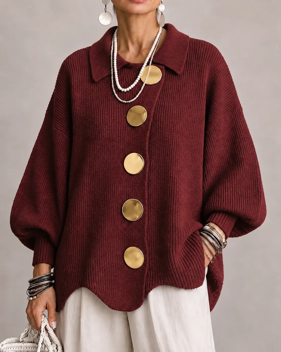 Stefania | Cárdigan Oversize con Cuello y Botones Metálicos