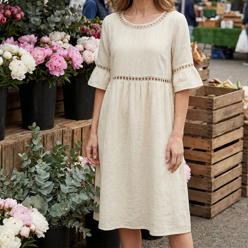 Carmela | Vestido Midi de Lino con Cuello Redondo y Manga Volante