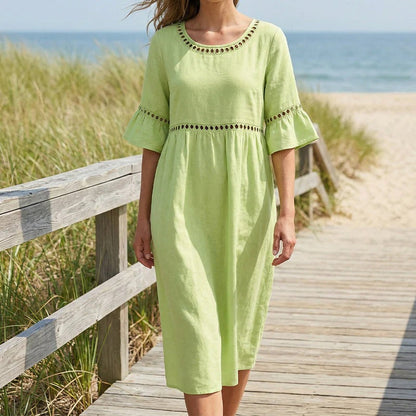 Carmela | Vestido Midi de Lino con Cuello Redondo y Manga Volante