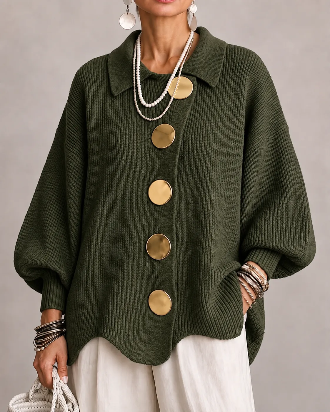 Stefania | Cárdigan Oversize con Cuello y Botones Metálicos