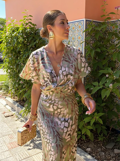 Higinia | Vestido Midi Estampado en Tonos Cobre