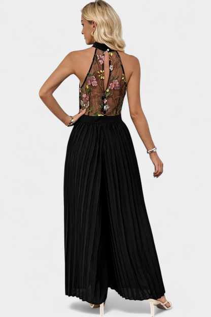 Maruja | Mono Palazzo con Bordado Floral y Encaje Transparente