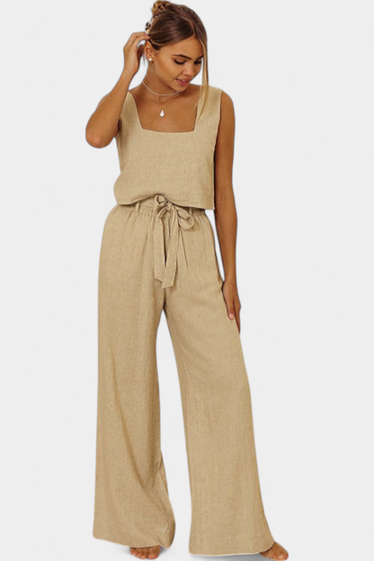 Pascuala | Conjunto de Lino de Dos Piezas con Blusa sin Mangas y Pantalón Fluido