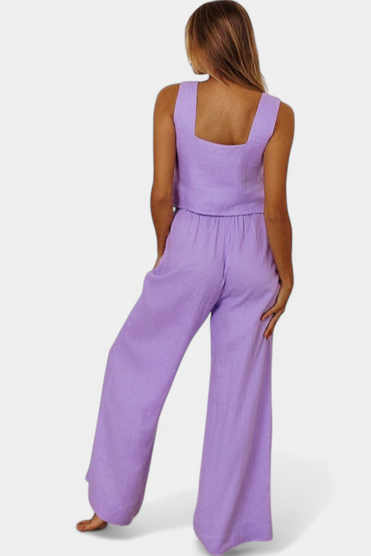 Pascuala | Conjunto de Lino de Dos Piezas con Blusa sin Mangas y Pantalón Fluido