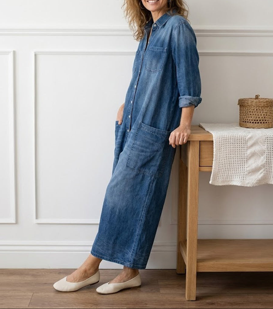 Ana-Luana | Vestido maxi vaquero con botonadura y manga larga