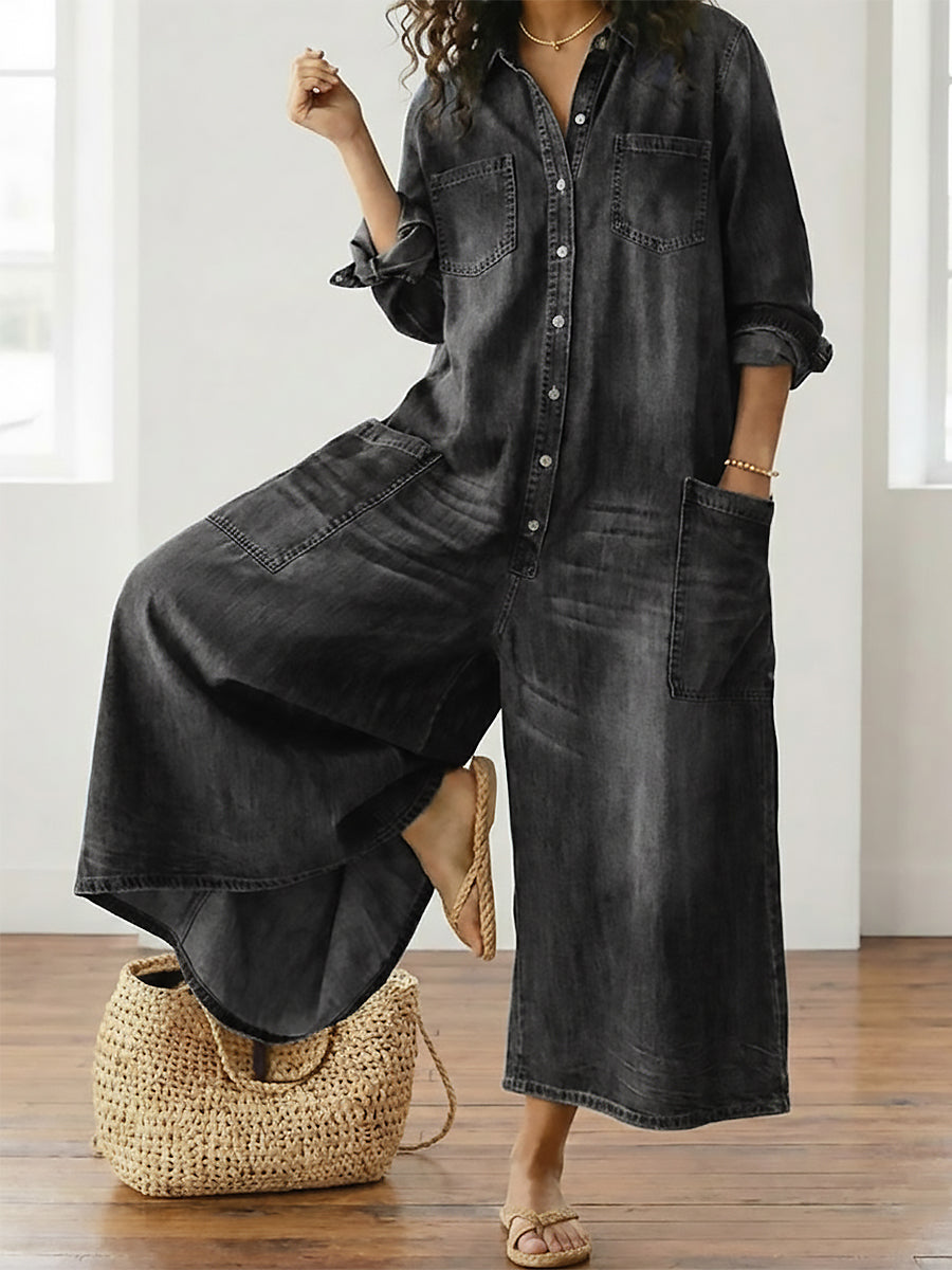 Ana-Luana | Vestido maxi vaquero con botonadura y manga larga