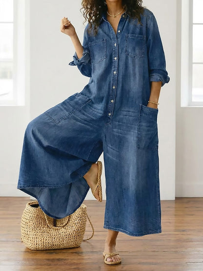 Ana-Luana | Vestido maxi vaquero con botonadura y manga larga