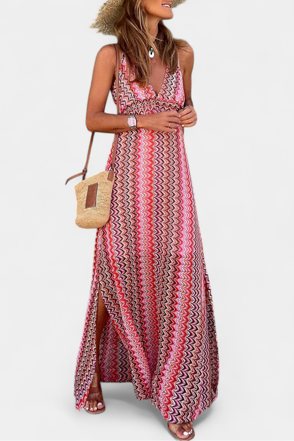 Jeni | Vestido Largo Boho con Escote Halter y Estampado Tribal