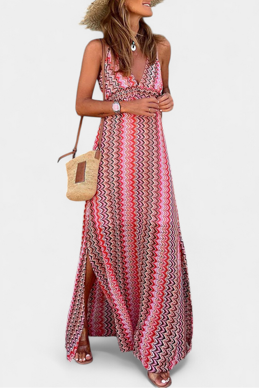 Jeni | Vestido Largo Boho con Escote Halter y Estampado Tribal